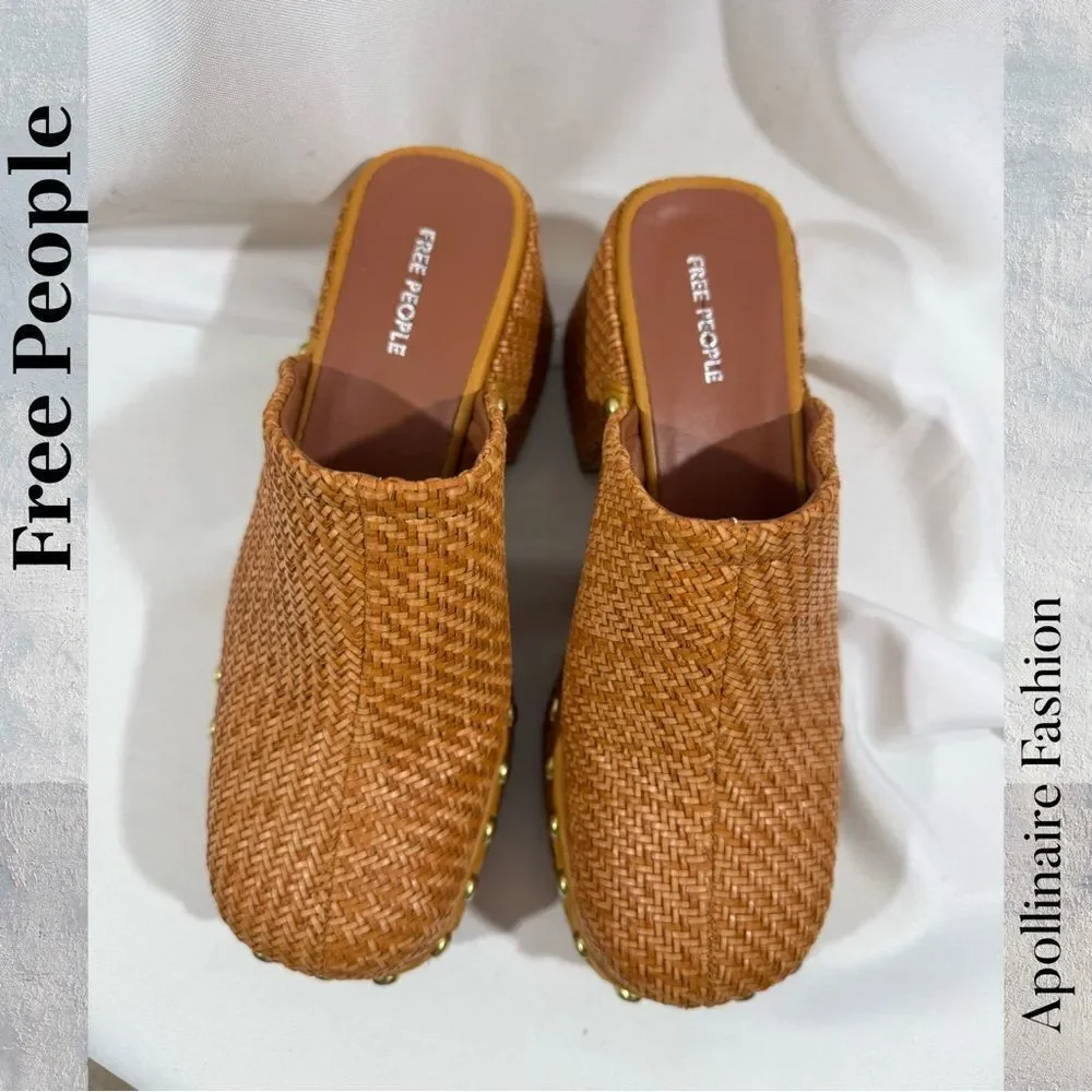 Free People Rori Brown Woven Clogs with Gold Accents Size 40 New